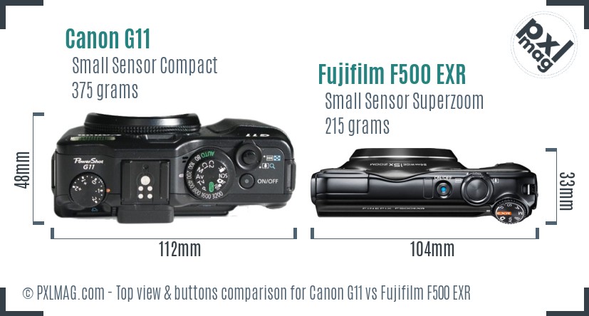 Canon G11 vs Fujifilm F500 EXR top view buttons comparison
