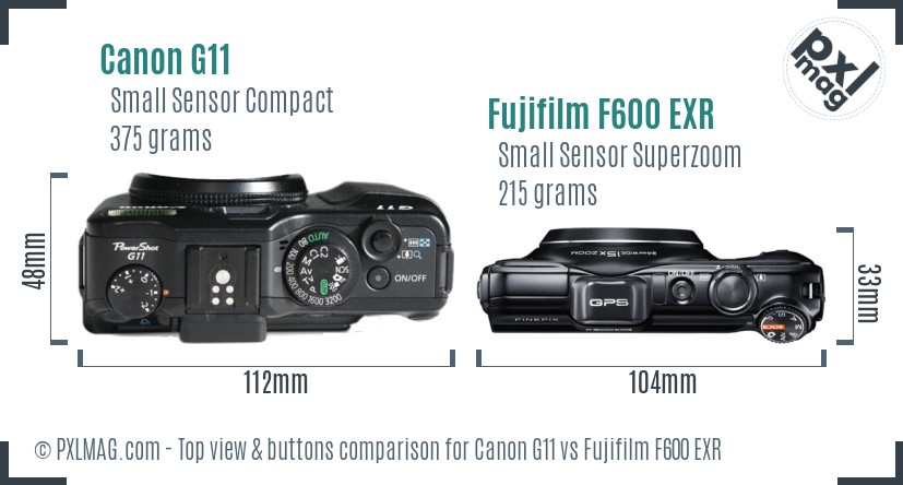 Canon G11 vs Fujifilm F600 EXR top view buttons comparison