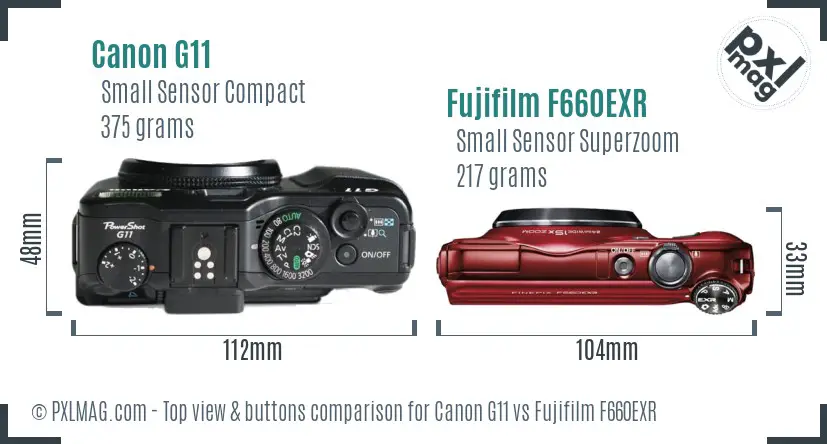 Canon G11 vs Fujifilm F660EXR top view buttons comparison