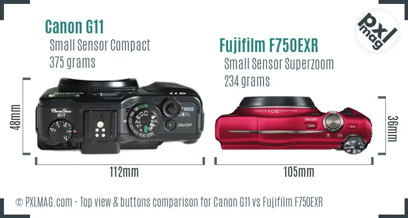 Canon G11 vs Fujifilm F750EXR top view buttons comparison