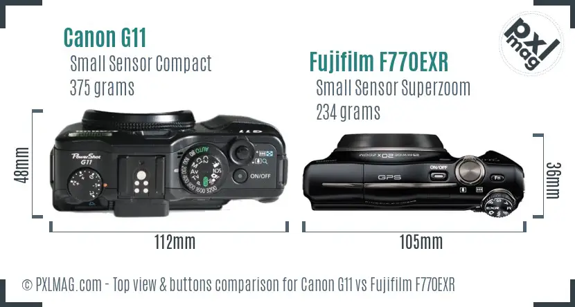 Canon G11 vs Fujifilm F770EXR top view buttons comparison