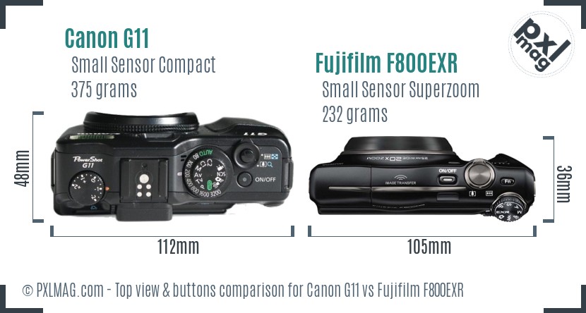 Canon G11 vs Fujifilm F800EXR top view buttons comparison