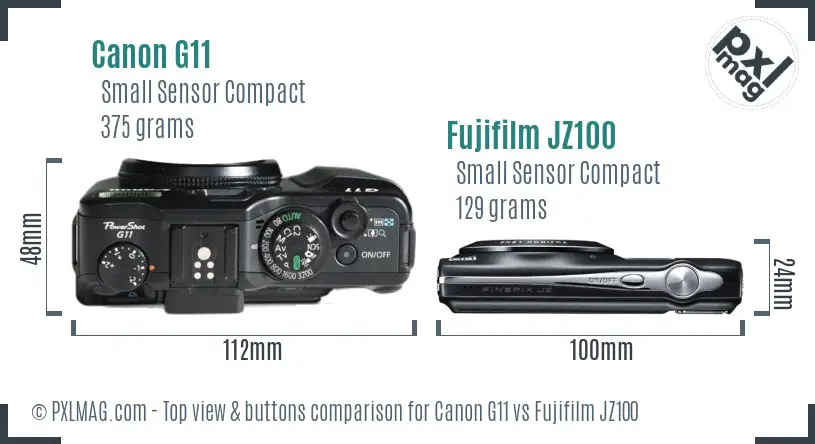 Canon G11 vs Fujifilm JZ100 top view buttons comparison