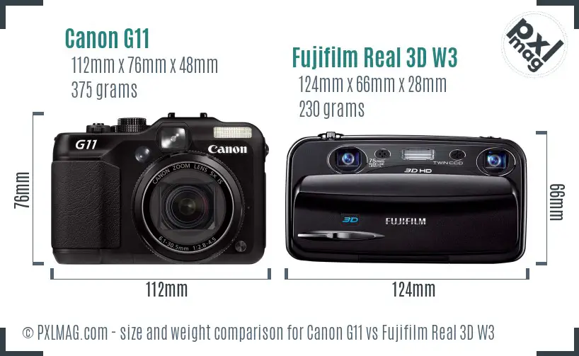 Canon G11 vs Fujifilm Real 3D W3 size comparison