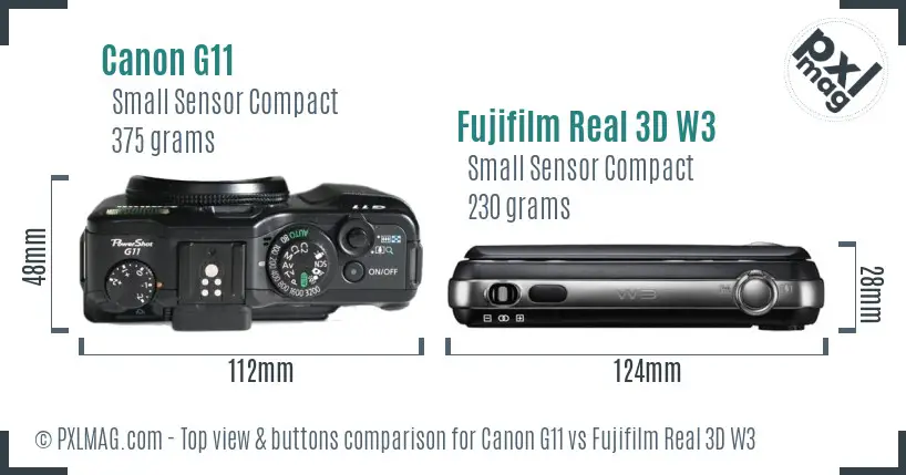 Canon G11 vs Fujifilm Real 3D W3 top view buttons comparison