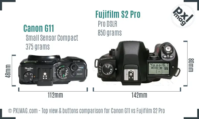 Canon G11 vs Fujifilm S2 Pro top view buttons comparison Canon G11 vs Fujifilm S2 Pro top view buttons comparison