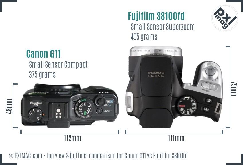 Canon G11 vs Fujifilm S8100fd top view buttons comparison