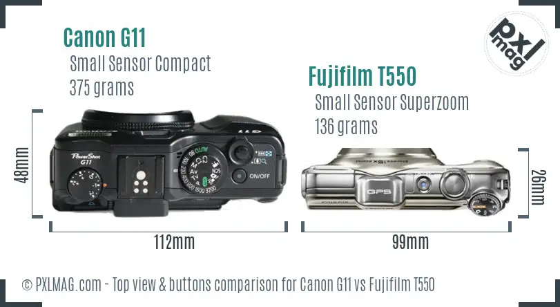Canon G11 vs Fujifilm T550 top view buttons comparison