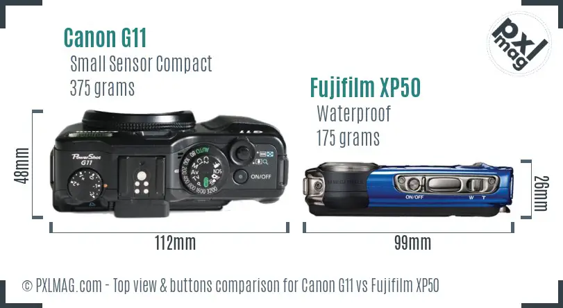 Canon G11 vs Fujifilm XP50 top view buttons comparison Canon G11 vs Fujifilm XP50 top view buttons comparison