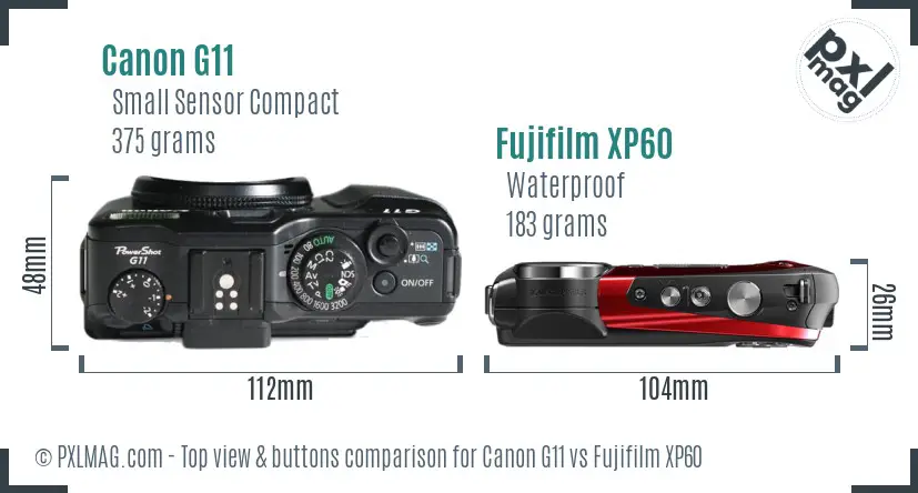 Canon G11 vs Fujifilm XP60 top view buttons comparison Canon G11 vs Fujifilm XP60 top view buttons comparison