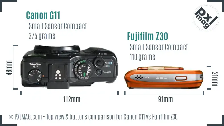 Canon G11 vs Fujifilm Z30 top view buttons comparison