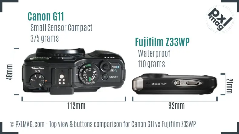 Canon G11 vs Fujifilm Z33WP top view buttons comparison