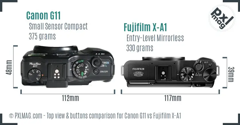 Canon G11 vs Fujifilm X-A1 top view buttons comparison Canon G11 vs Fujifilm X-A1 top view buttons comparison