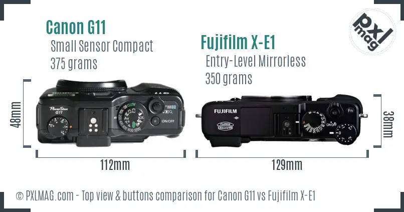 Canon G11 vs Fujifilm X-E1 top view buttons comparison Canon G11 vs Fujifilm X-E1 top view buttons comparison