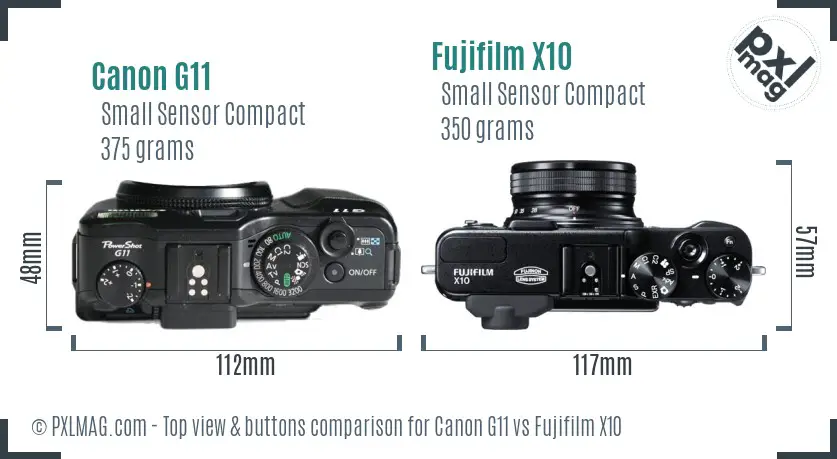 Canon G11 vs Fujifilm X10 top view buttons comparison
