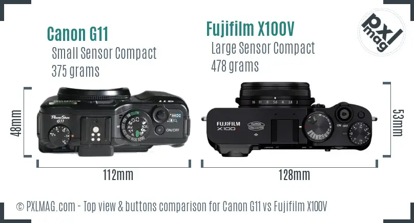 Canon G11 vs Fujifilm X100V top view buttons comparison Canon G11 vs Fujifilm X100V top view buttons comparison