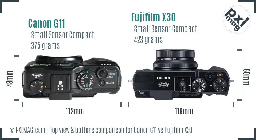 Canon G11 vs Fujifilm X30 top view buttons comparison