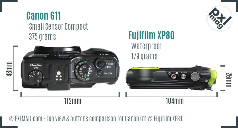Canon G11 vs Fujifilm XP80 top view buttons comparison