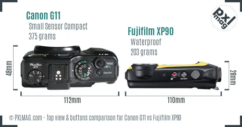 Canon G11 vs Fujifilm XP90 top view buttons comparison