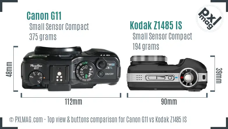 Canon G11 vs Kodak Z1485 IS top view buttons comparison