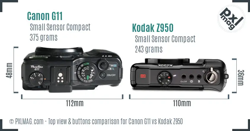 Canon G11 vs Kodak Z950 top view buttons comparison