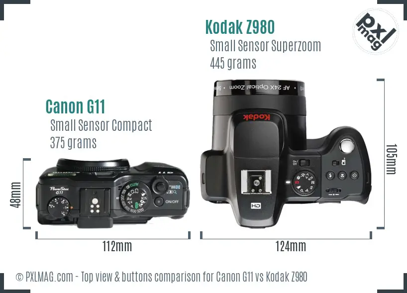 Canon G11 vs Kodak Z980 top view buttons comparison