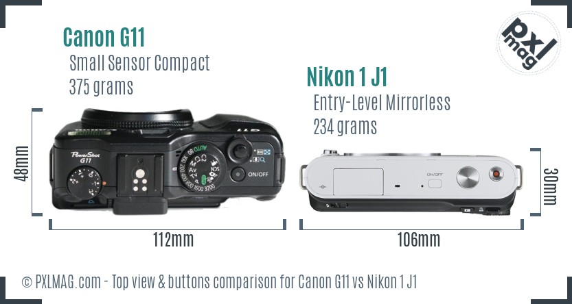 Canon G11 vs Nikon 1 J1 top view buttons comparison