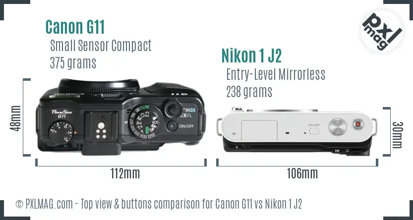 Canon G11 vs Nikon 1 J2 top view buttons comparison