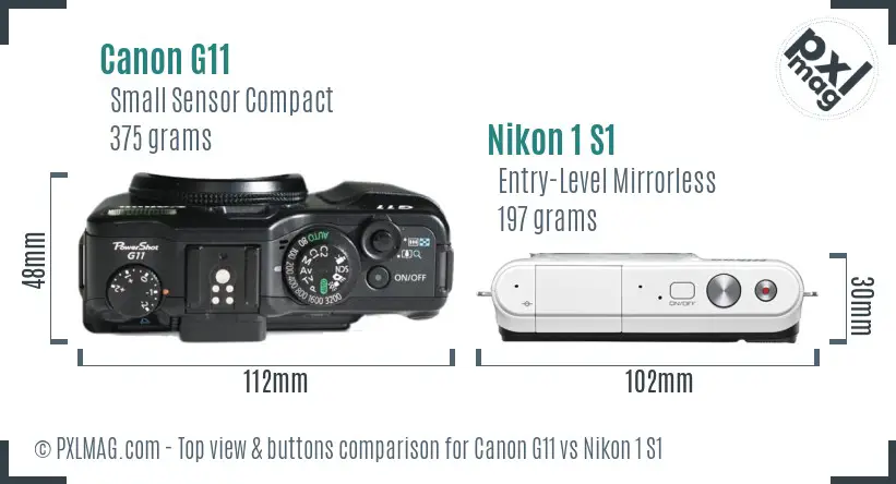 Canon G11 vs Nikon 1 S1 top view buttons comparison Canon G11 vs Nikon 1 S1 top view buttons comparison