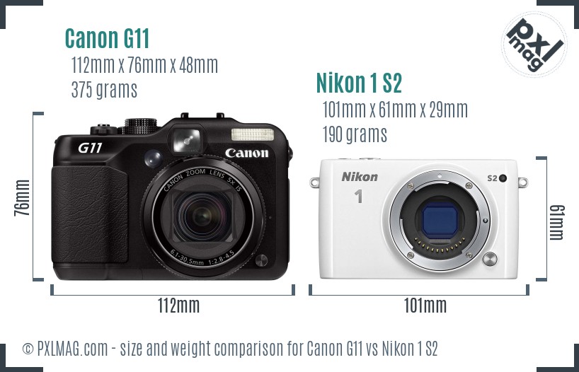 Canon G11 vs Nikon 1 S2 size comparison Canon G11 vs Nikon 1 S2 size comparison