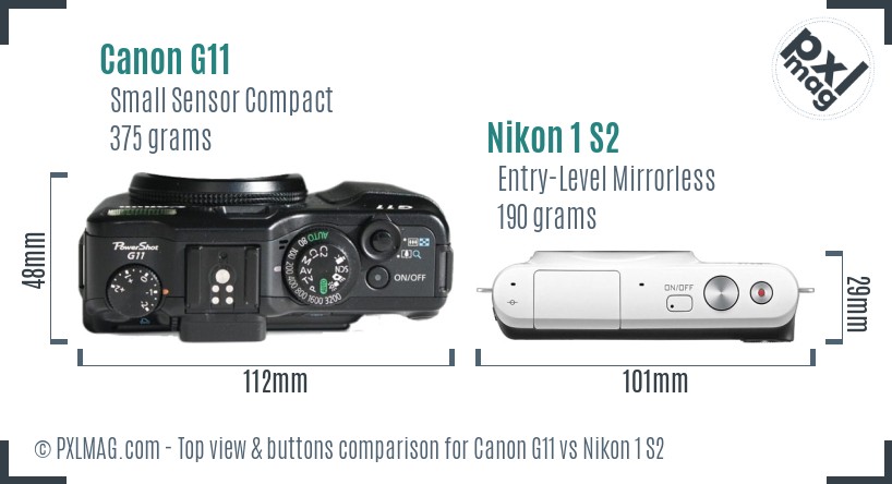 Canon G11 vs Nikon 1 S2 top view buttons comparison