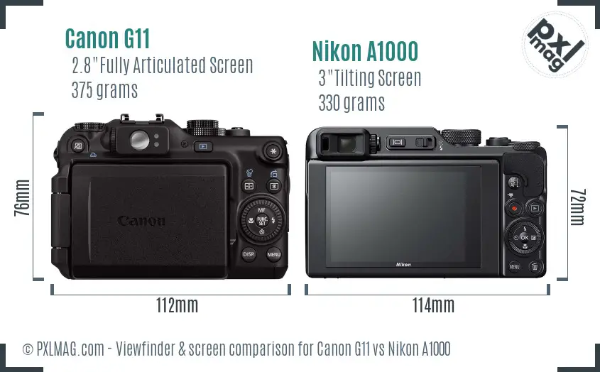 Canon G11 vs Nikon A1000 Screen and Viewfinder comparison