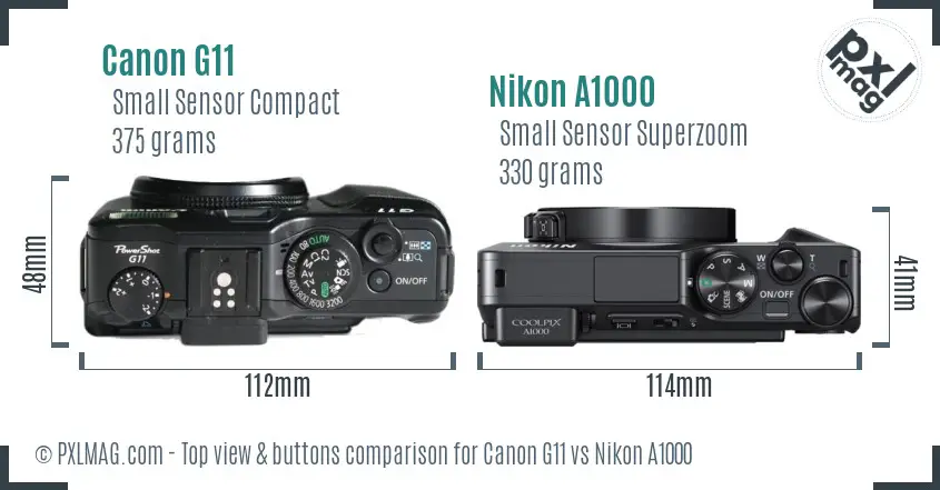 Canon G11 vs Nikon A1000 top view buttons comparison