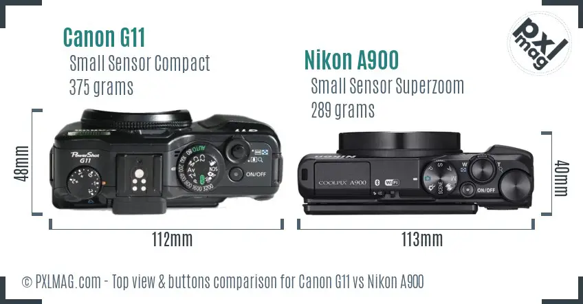 Canon G11 vs Nikon A900 top view buttons comparison