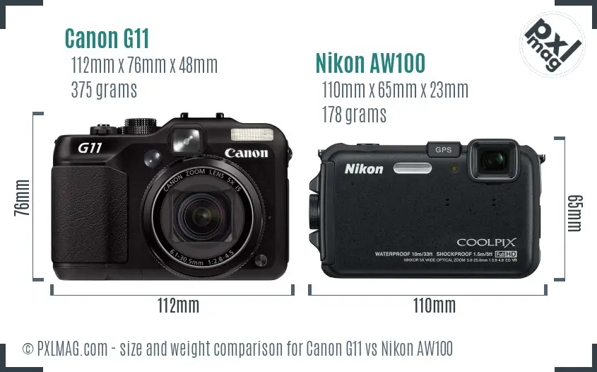 Canon G11 vs Nikon AW100 size comparison