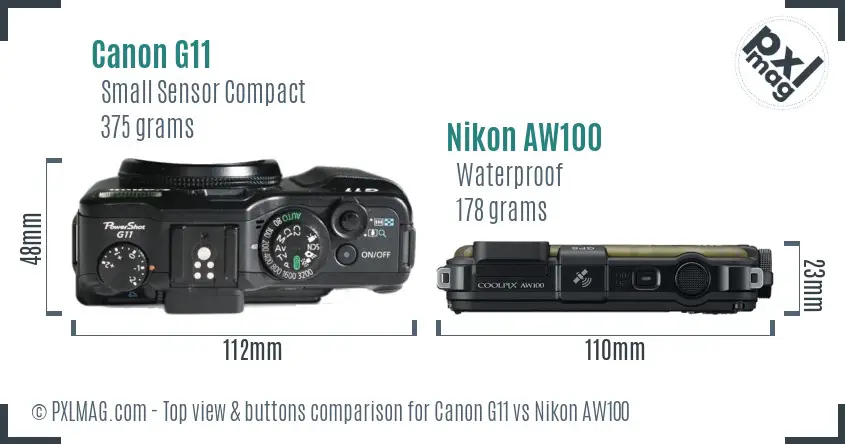 Canon G11 vs Nikon AW100 top view buttons comparison