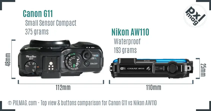 Canon G11 vs Nikon AW110 top view buttons comparison Canon G11 vs Nikon AW110 top view buttons comparison