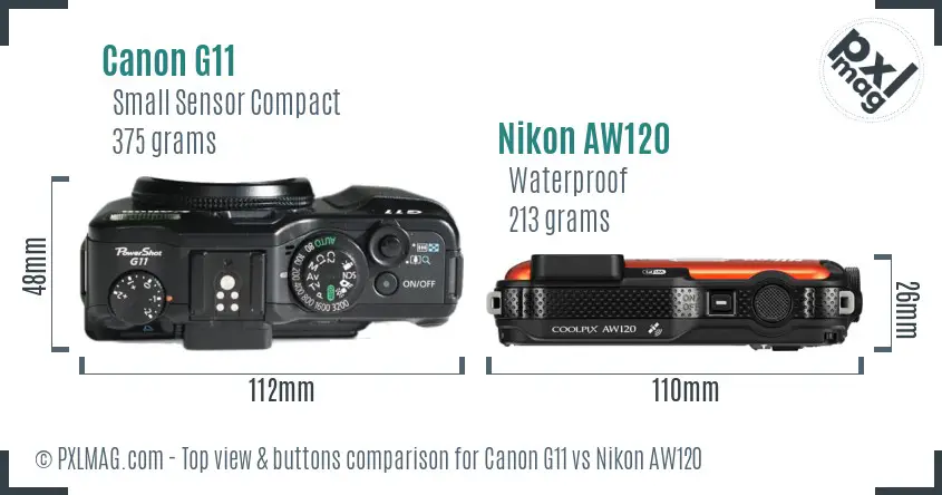 Canon G11 vs Nikon AW120 top view buttons comparison