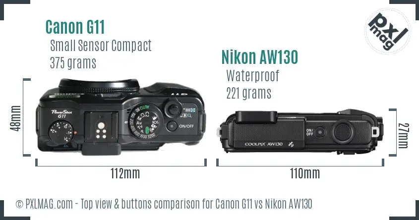 Canon G11 vs Nikon AW130 top view buttons comparison