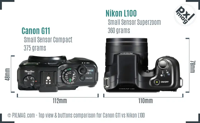 Canon G11 vs Nikon L100 top view buttons comparison