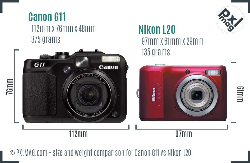 Canon G11 vs Nikon L20 size comparison