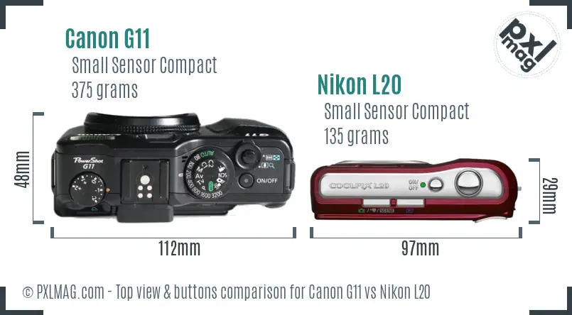Canon G11 vs Nikon L20 top view buttons comparison
