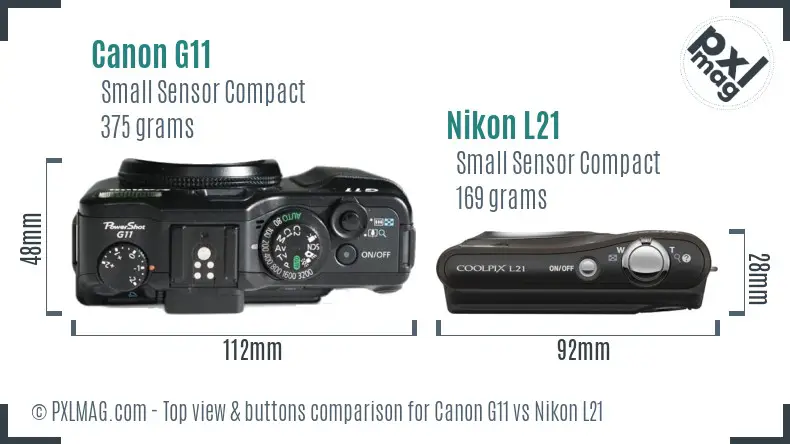 Canon G11 vs Nikon L21 top view buttons comparison