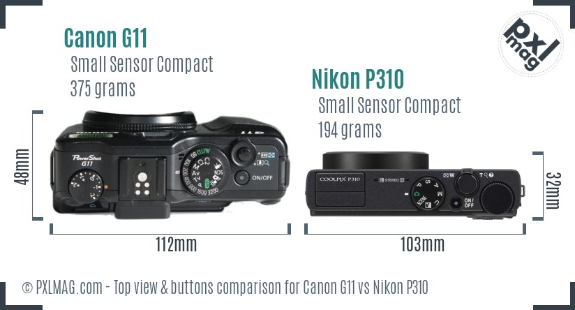 Canon G11 vs Nikon P310 top view buttons comparison