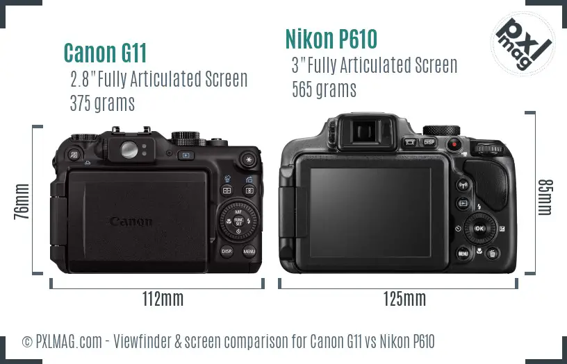 Canon G11 vs Nikon P610 Screen and Viewfinder comparison