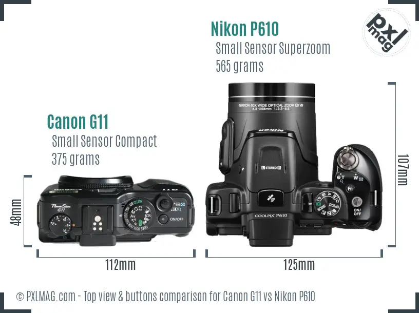 Canon G11 vs Nikon P610 top view buttons comparison