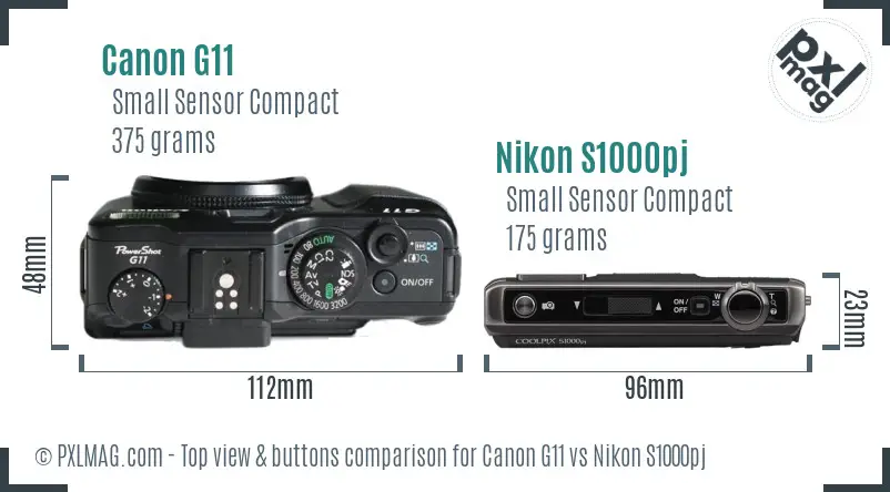 Canon G11 vs Nikon S1000pj top view buttons comparison