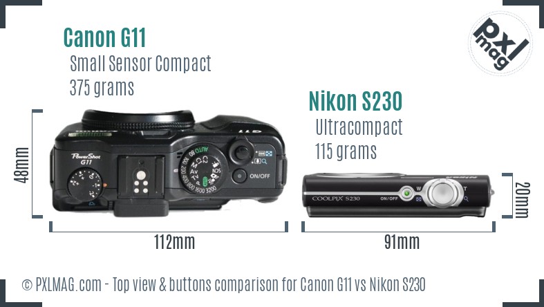 Canon G11 vs Nikon S230 top view buttons comparison