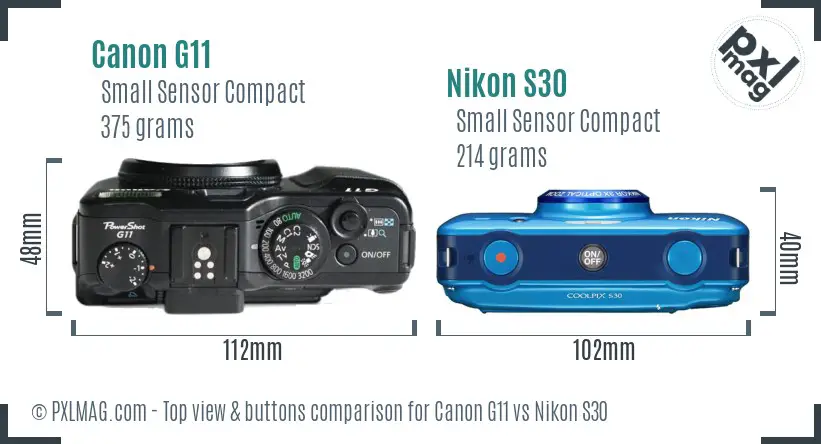 Canon G11 vs Nikon S30 top view buttons comparison Canon G11 vs Nikon S30 top view buttons comparison
