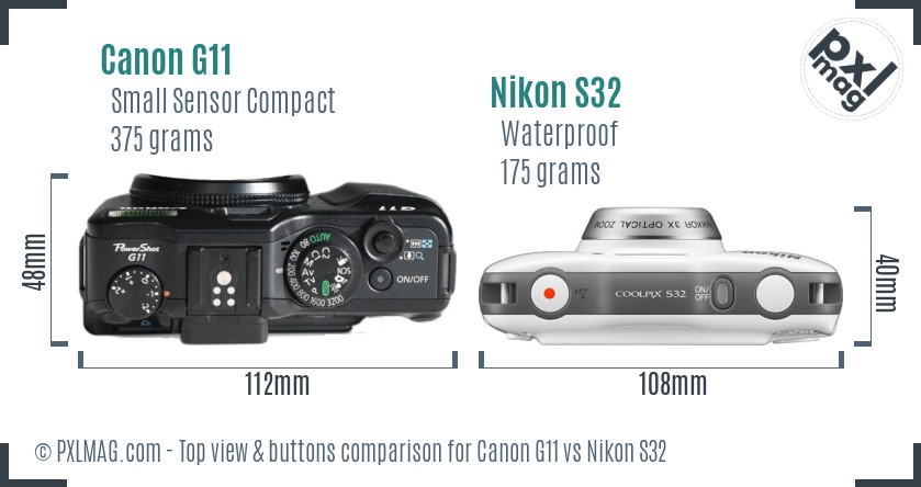 Canon G11 vs Nikon S32 top view buttons comparison